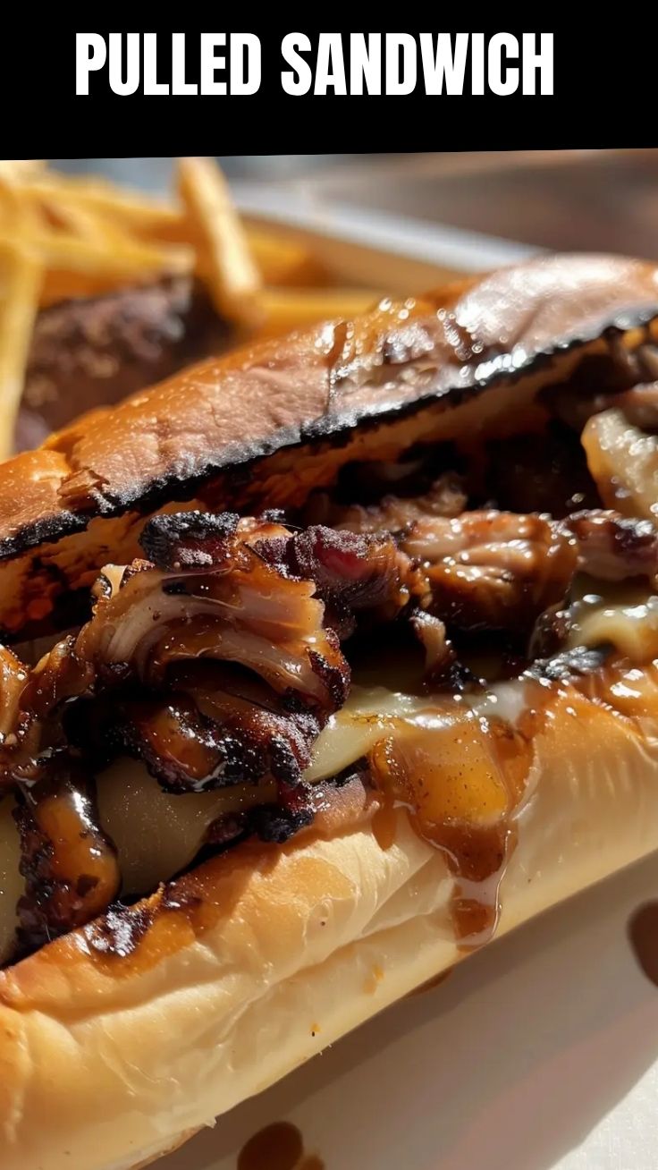 A close-up of a juicy pulled sandwich overflowing with tender meat and sauce