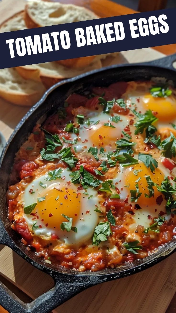 A vibrant shakshuka dish with poached eggs, tomatoes, and herbs in a pan
