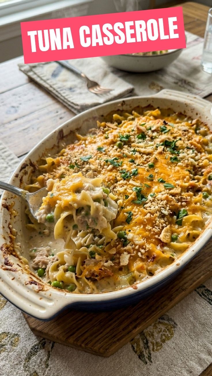A hot tuna casserole dish, freshly baked with a golden-brown topping
