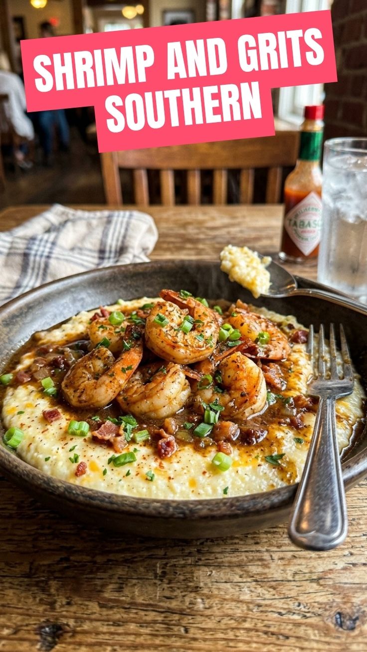A steaming bowl of Southern shrimp and grits with a rich sauce and herbs.
