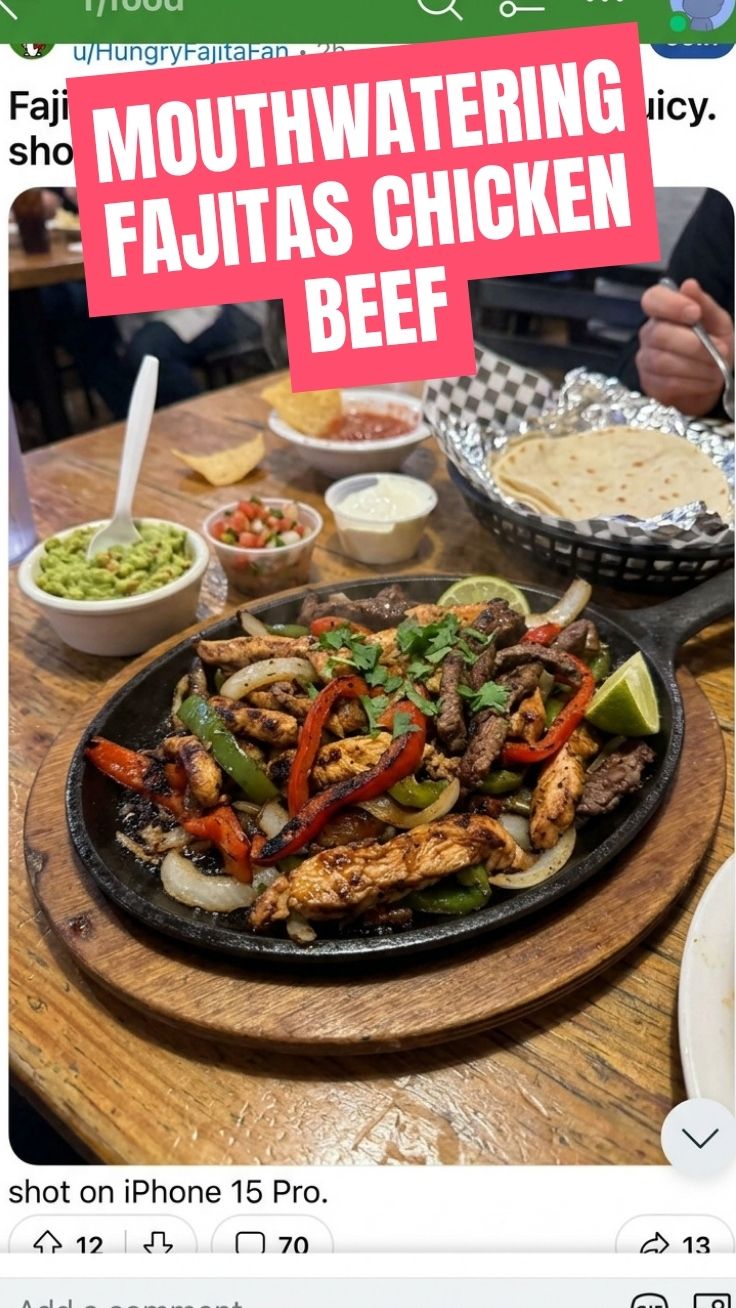 A sizzling platter of chicken and beef fajitas with peppers and onions