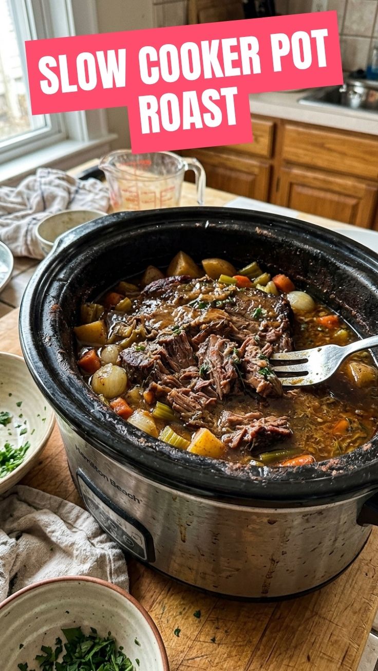 A delicious slow cooker pot roast in a ceramic pot, ready to serve.