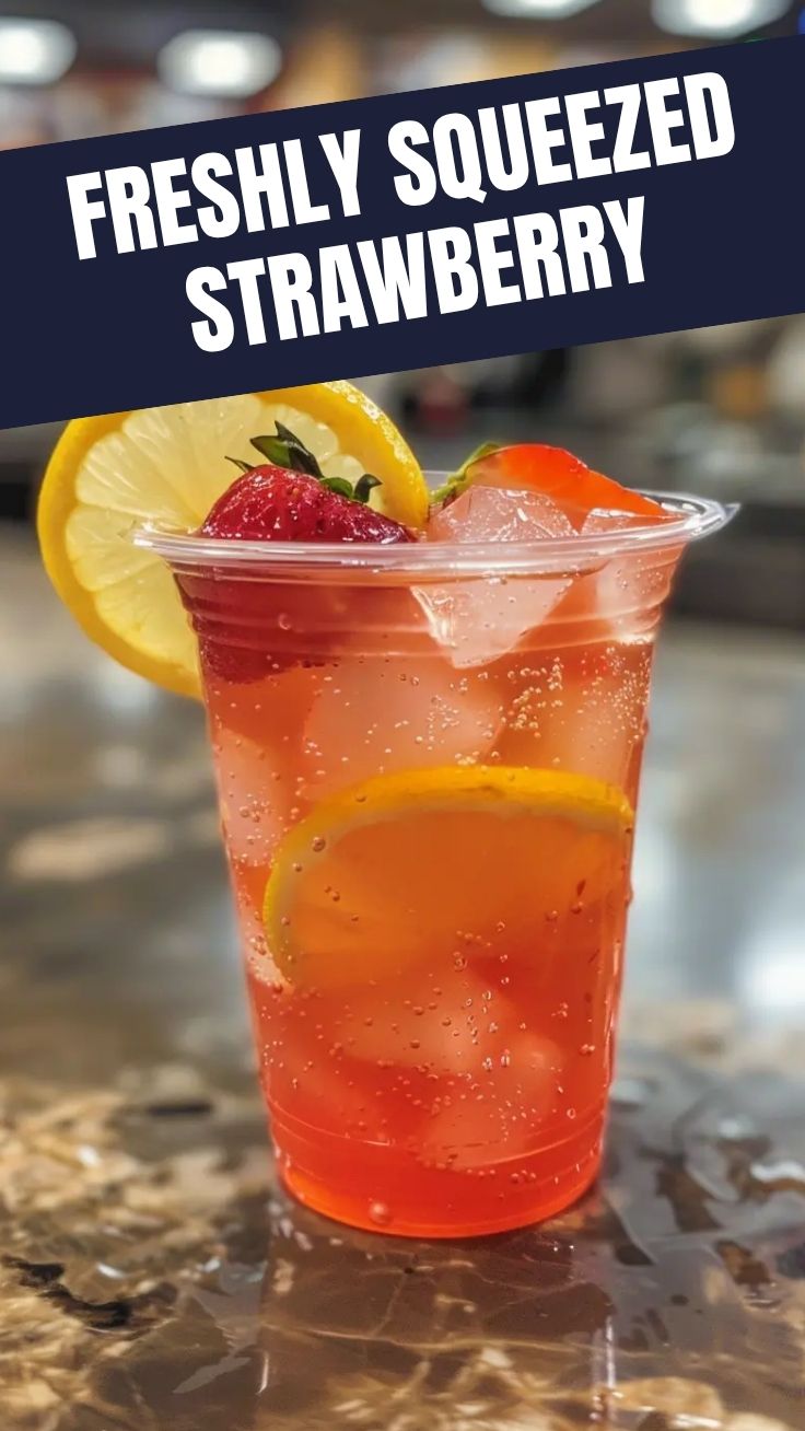 A refreshing glass of strawberry lemonade with ice and a lemon slice