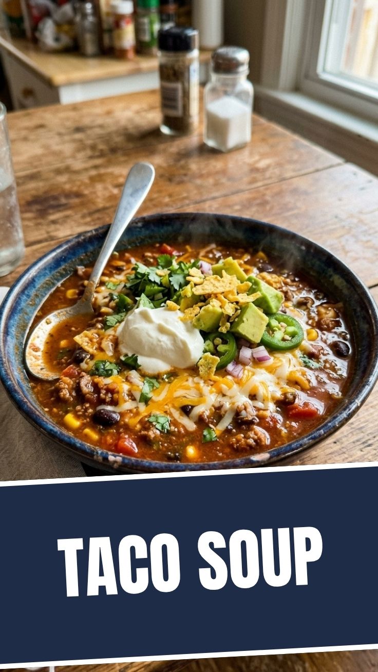 A steaming bowl of hearty taco soup garnished with fresh cilantro and cheese