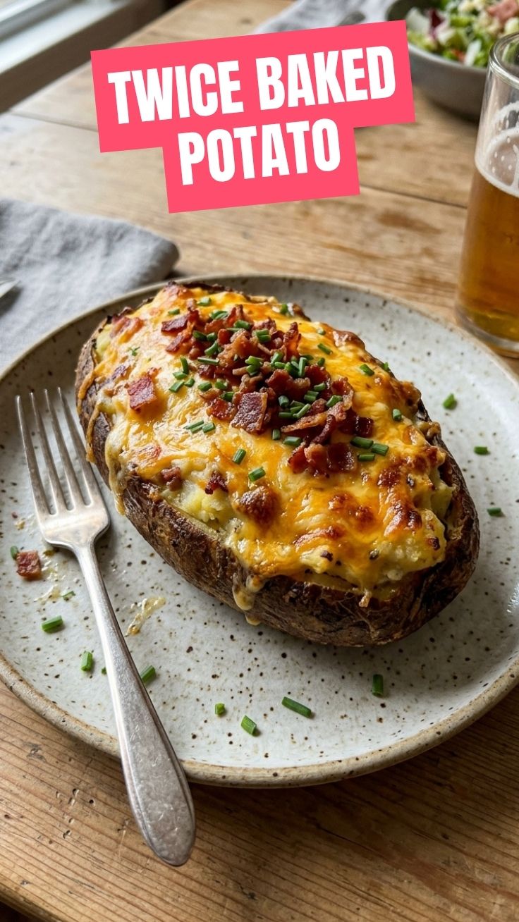 A perfectly golden-brown twice baked potato, topped with cheese and chives.