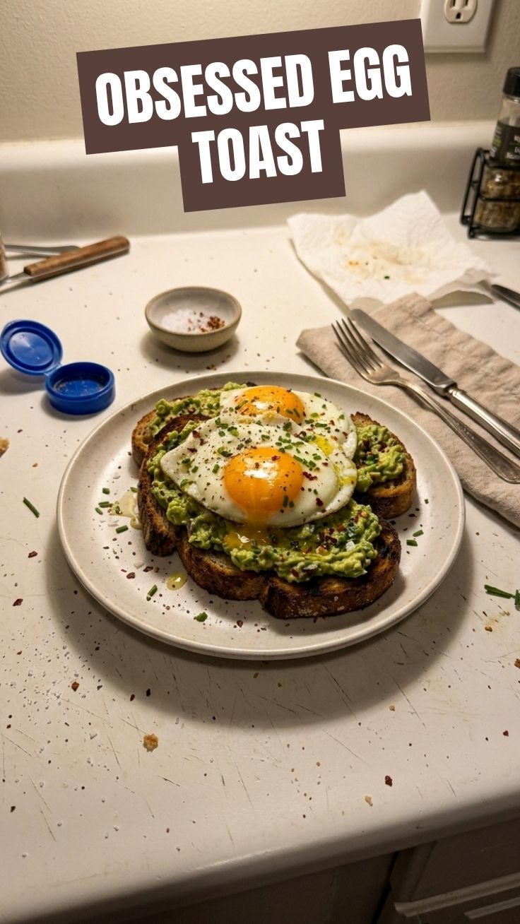 High protein avocado egg toast topped with fresh herbs