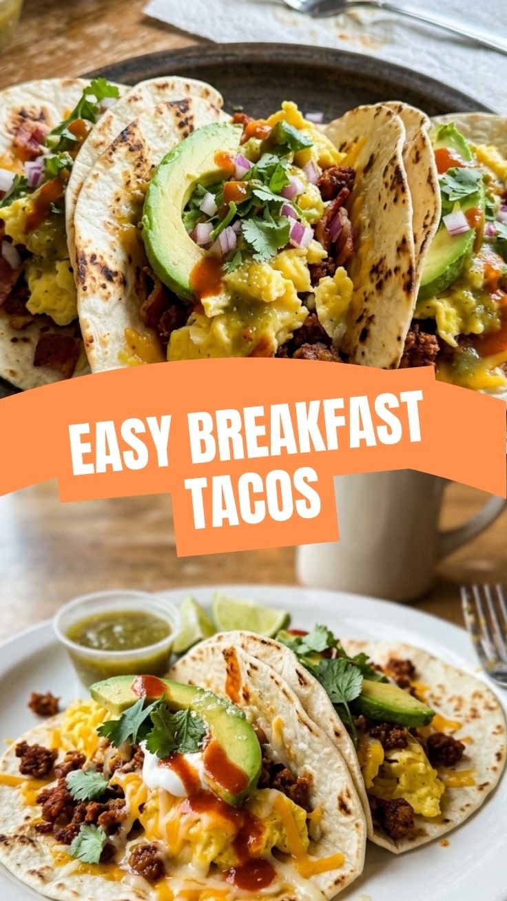 A close-up shot of two breakfast tacos filled with eggs, cheese, and salsa on a white plate.