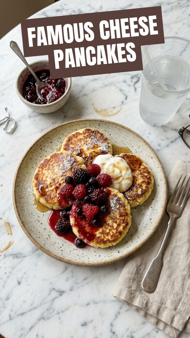 A stack of fluffy cottage cheese pancakes on a white plate with berries