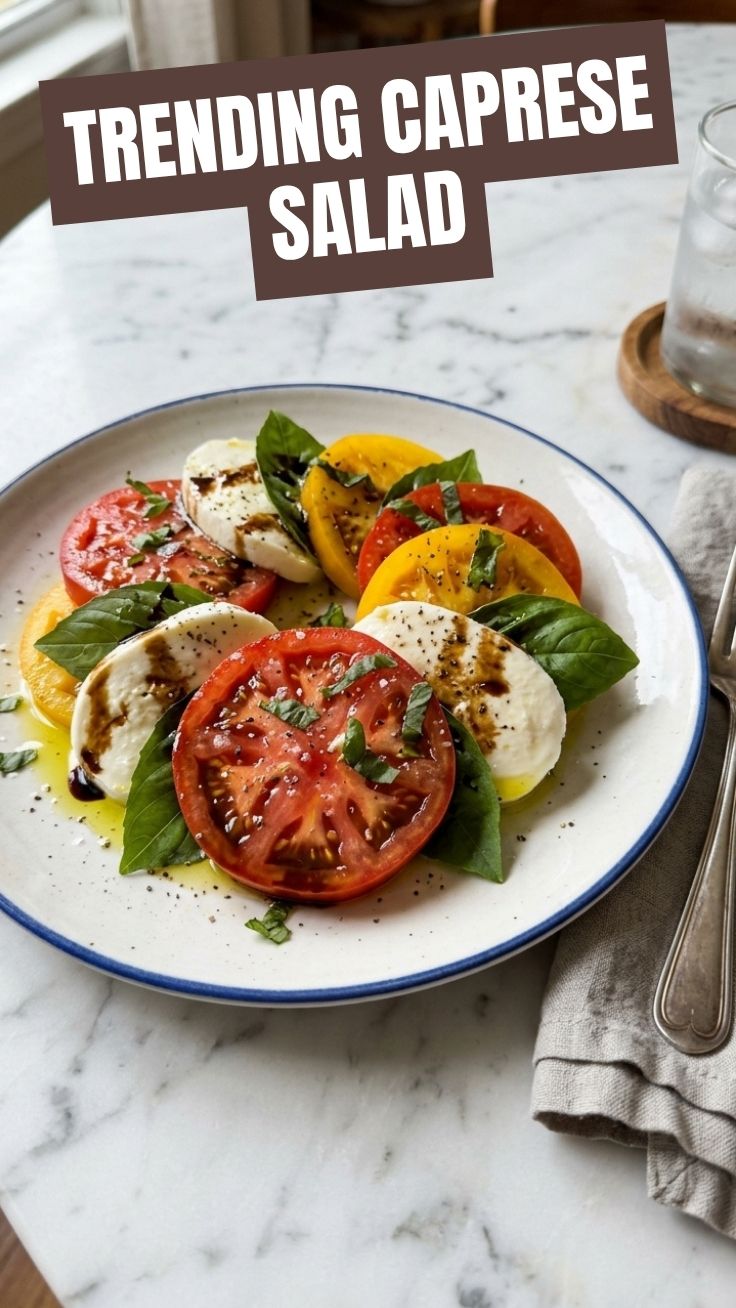A fresh Caprese salad with ripe red tomatoes, mozzarella, and basil