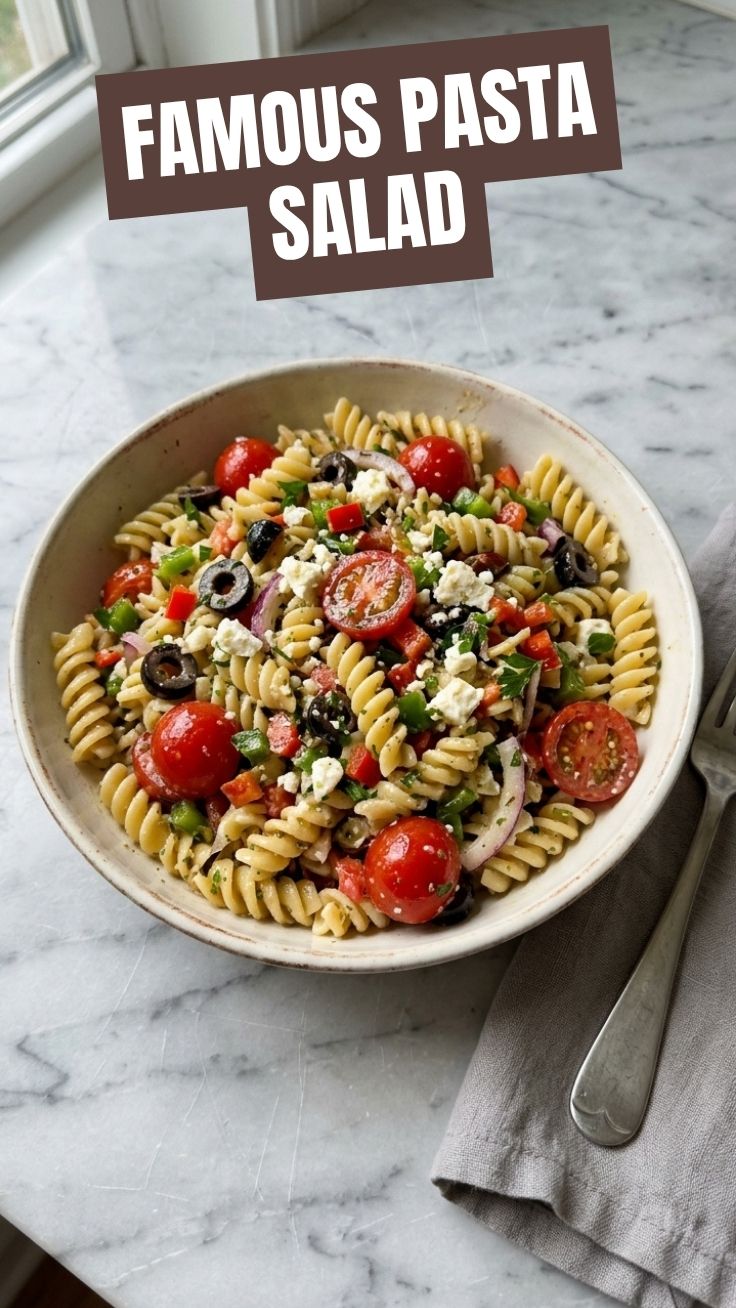 A vibrant bowl of fresh pasta salad with colorful vegetables