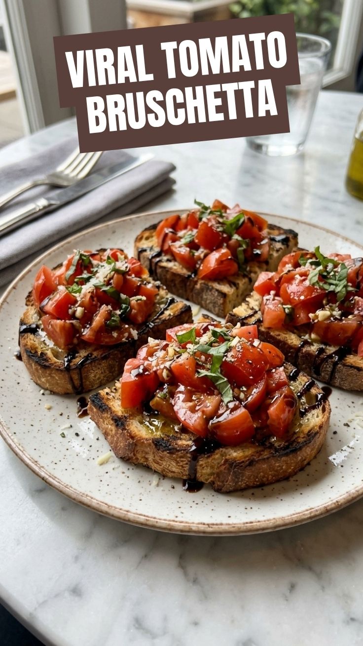 Freshly prepared tomato bruschetta with basil and olive oil.