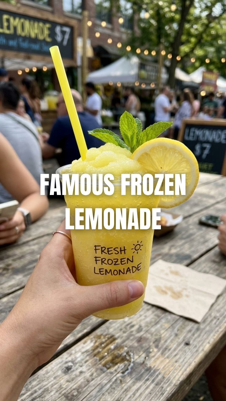 A tall glass of icy frozen lemonade with a lemon slice and straw, shot close up.