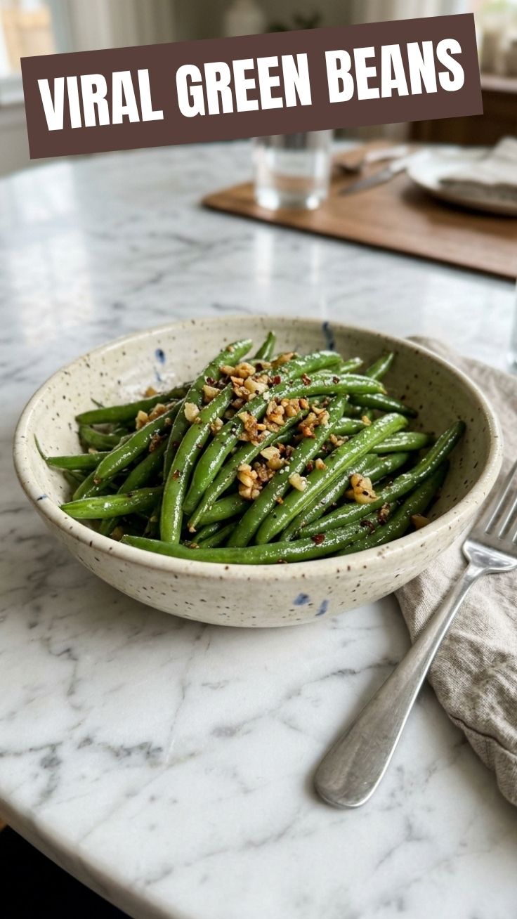 Close-up of vibrant green beans tossed with minced garlic and herbs