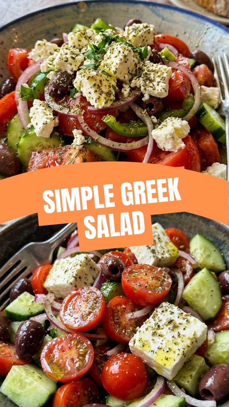 A vibrant bowl of fresh Greek salad with feta, olives, and tomatoes