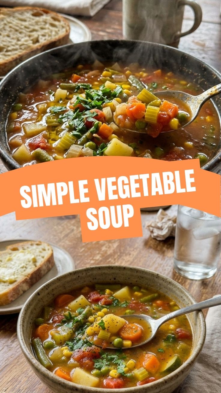A steaming bowl of hearty vegetable soup, rich with diced vegetables and broth.