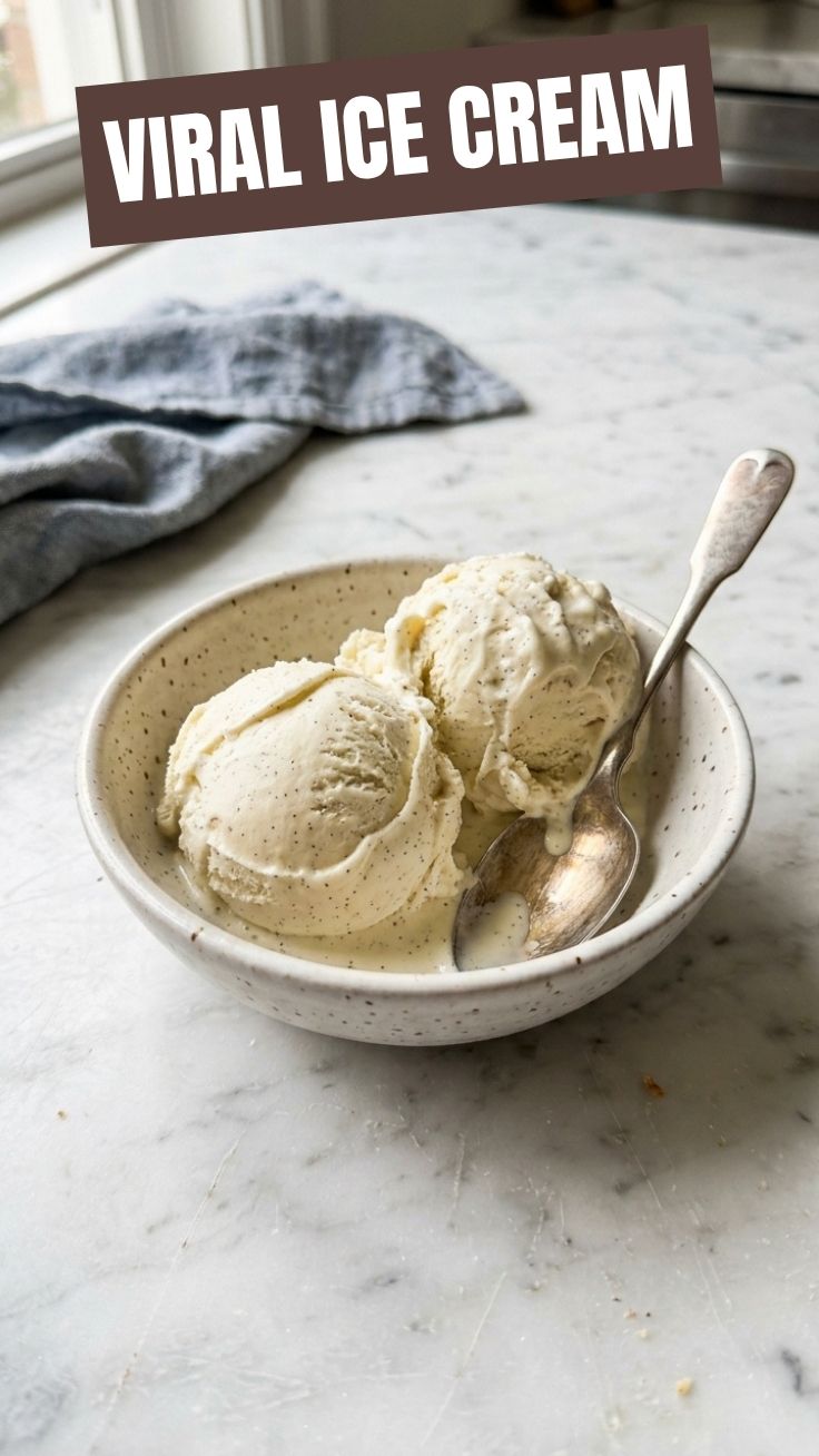 A scoop of homemade vanilla ice cream in a bowl