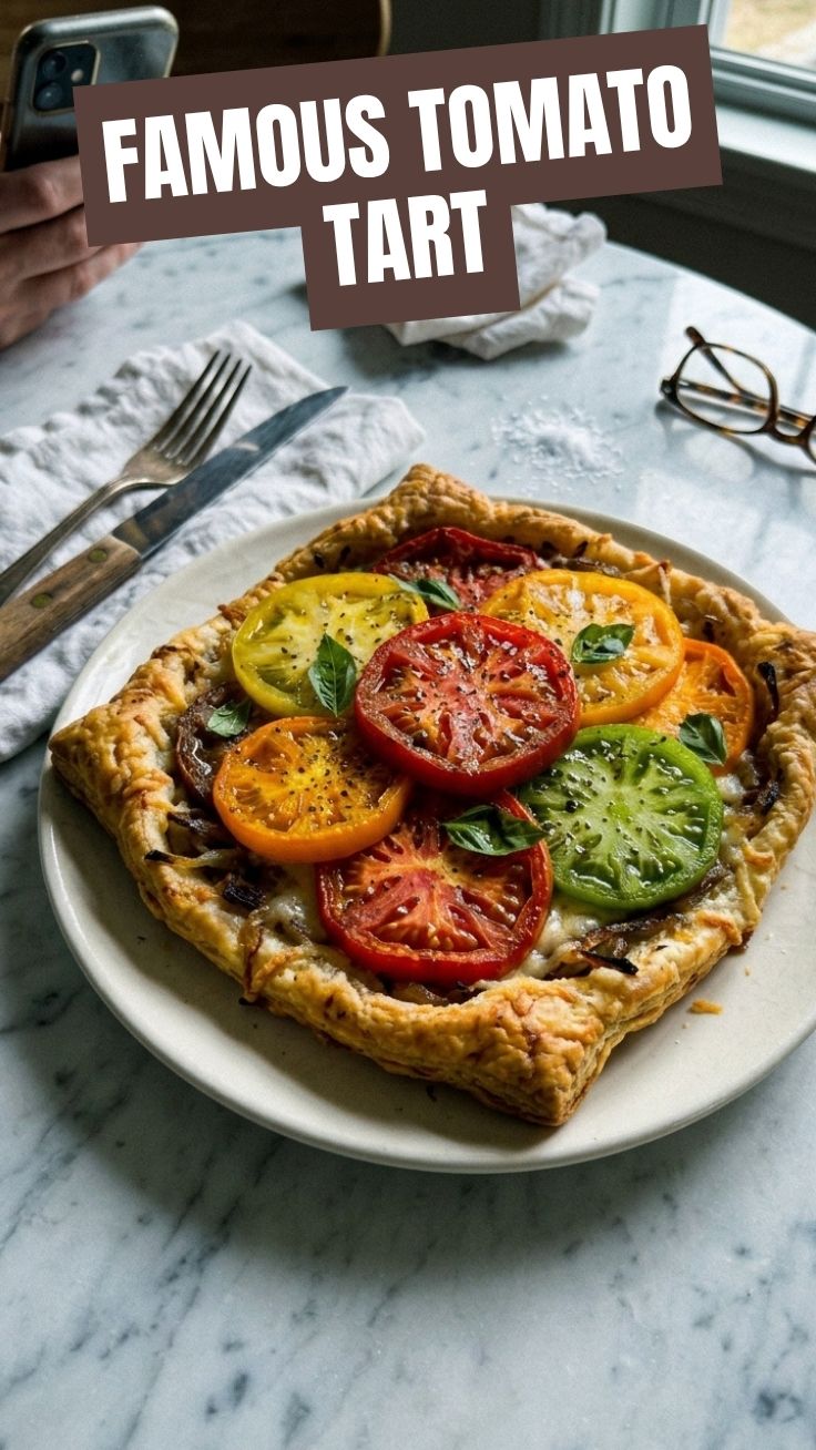 A savory heirloom tomato tart with a flaky crust on a wooden board.