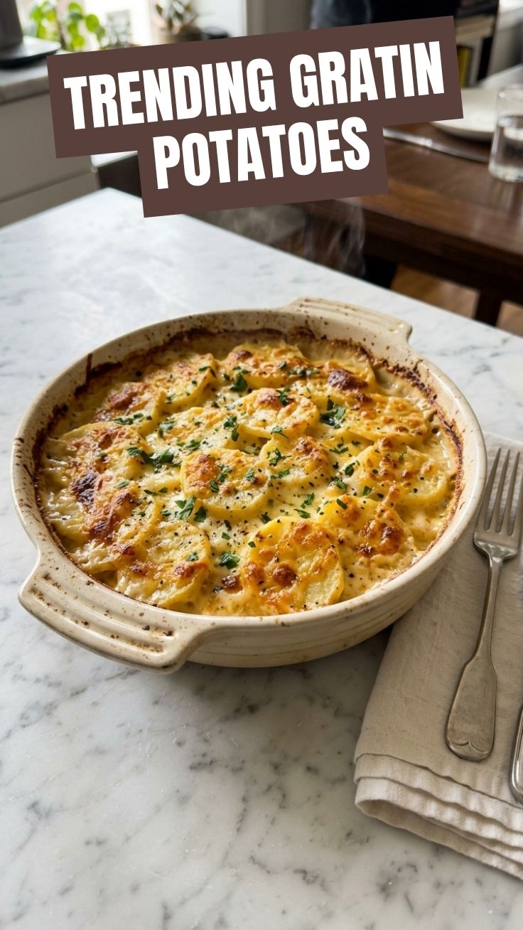 Delicious Au Gratin Potatoes with a golden-brown top, bubbling cheese, and visible potato layers