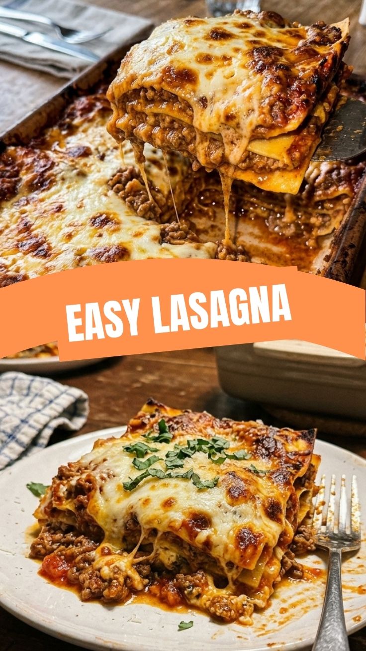 A freshly baked lasagna with melted cheese and rich tomato sauce
