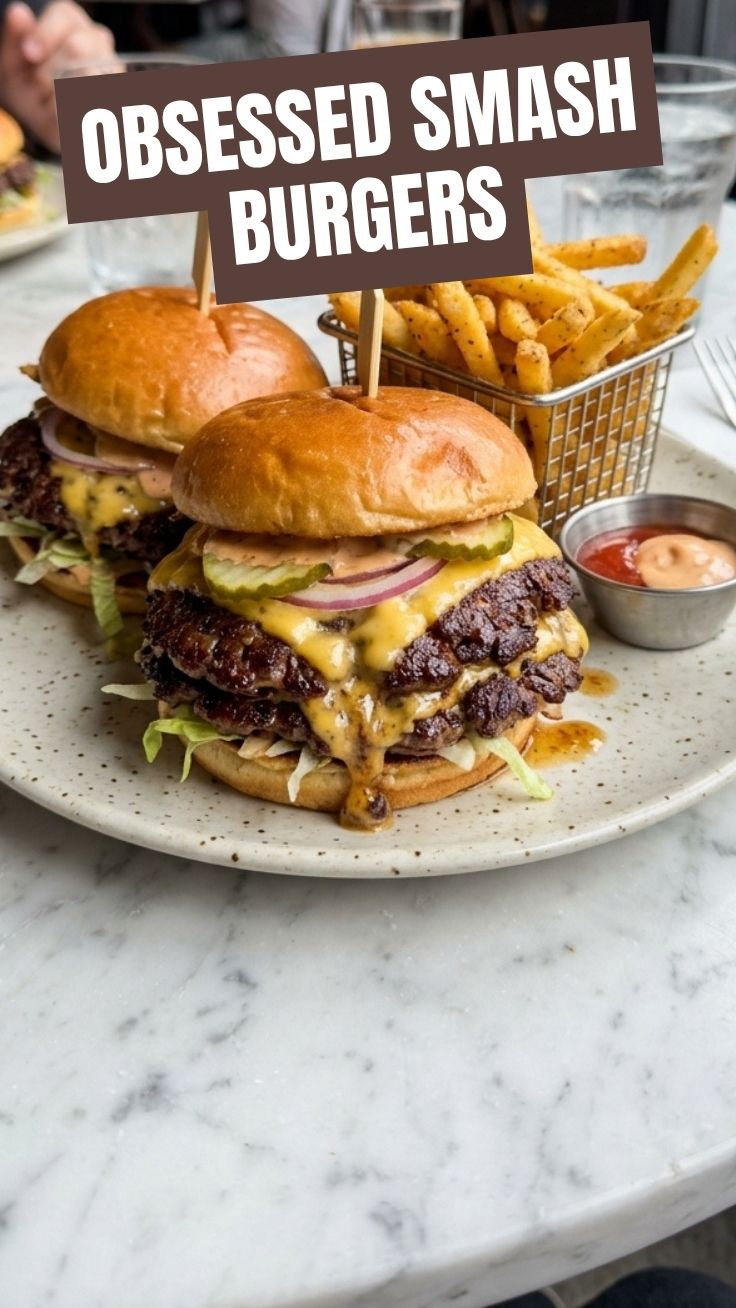 A close-up of a perfectly cooked smash burger with melted cheese and fresh toppings.