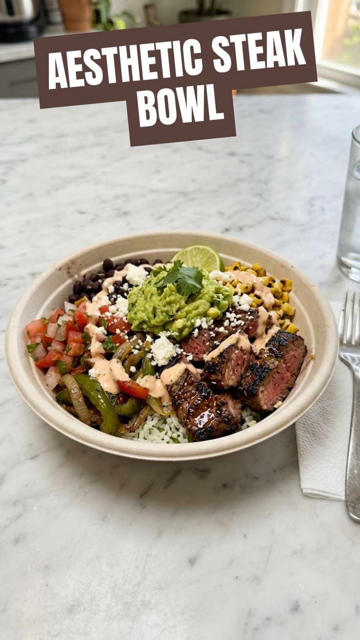 A custom-built steak bowl, Chipotle-style, with various fresh ingredients