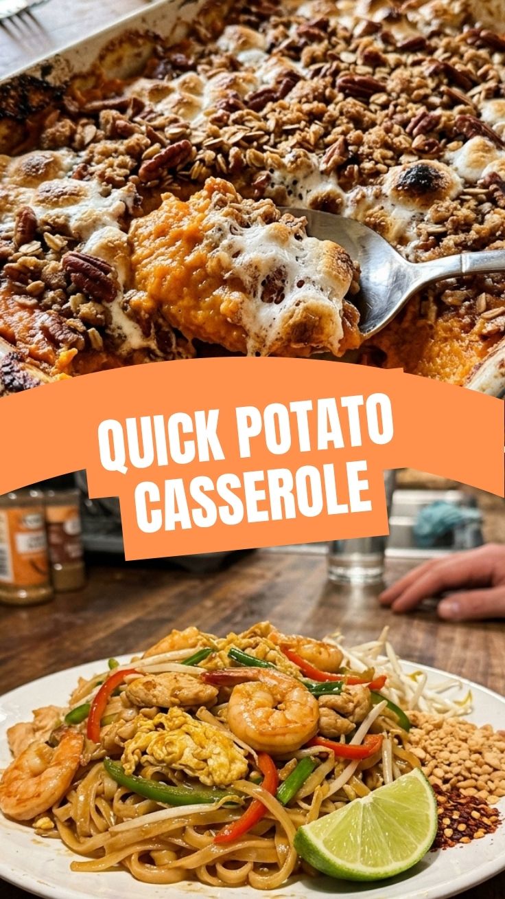 A cozy sweet potato casserole with a golden-brown toasted marshmallow topping.