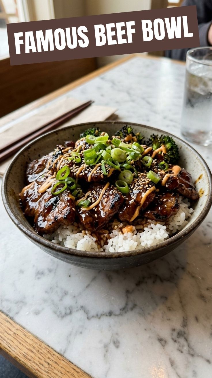 A steaming hot teriyaki beef bowl garnished with sesame seeds and green onions.