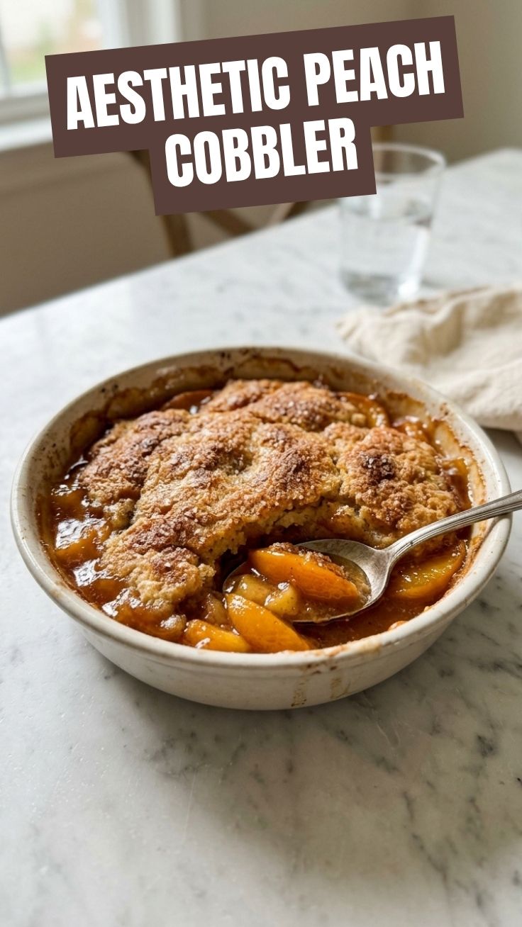 A freshly baked peach cobbler with a golden-brown crust, served warm.