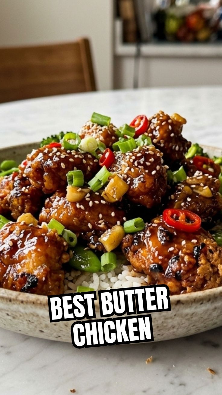 A bowl of rich, creamy butter chicken garnished with cilantro.