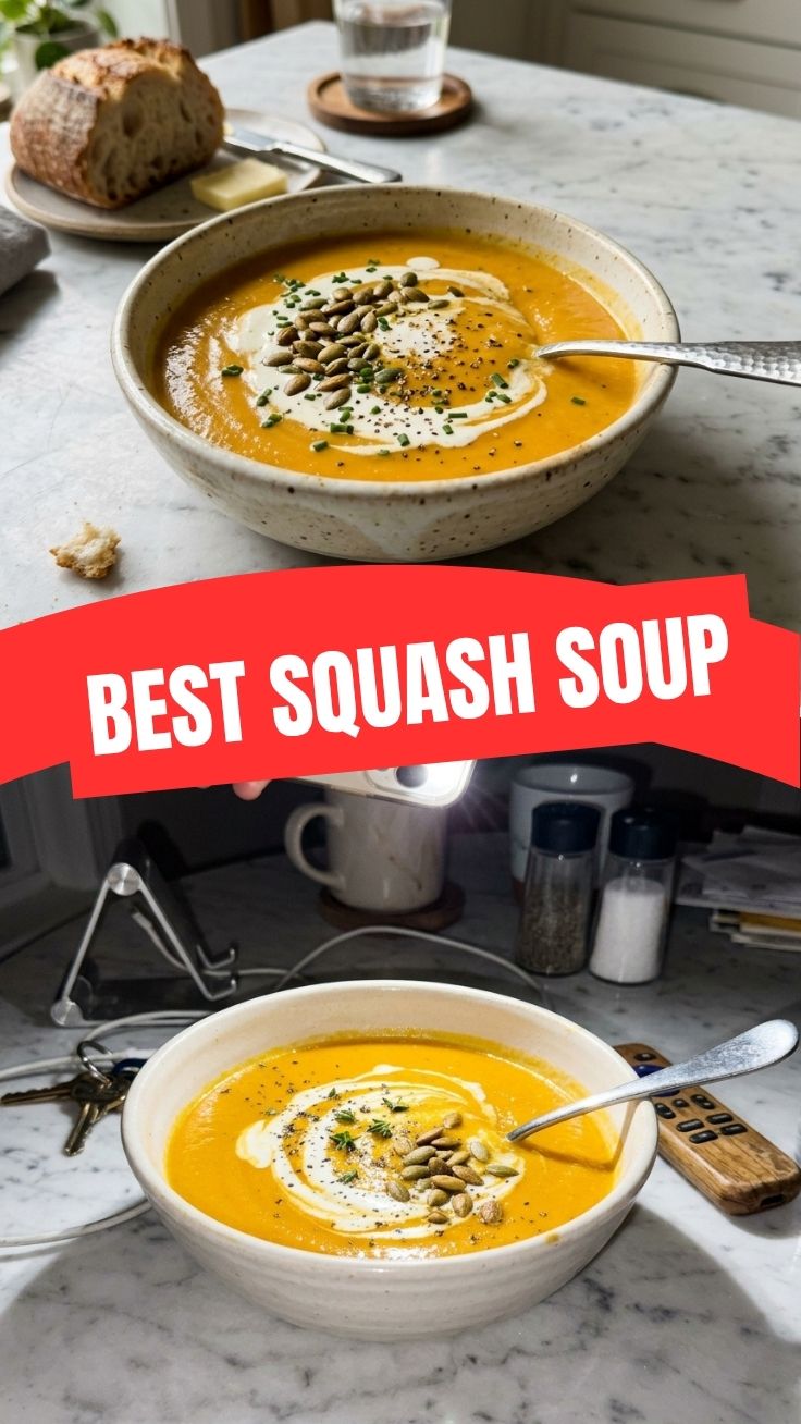 A steaming bowl of vibrant butternut squash soup, garnished with fresh herbs.