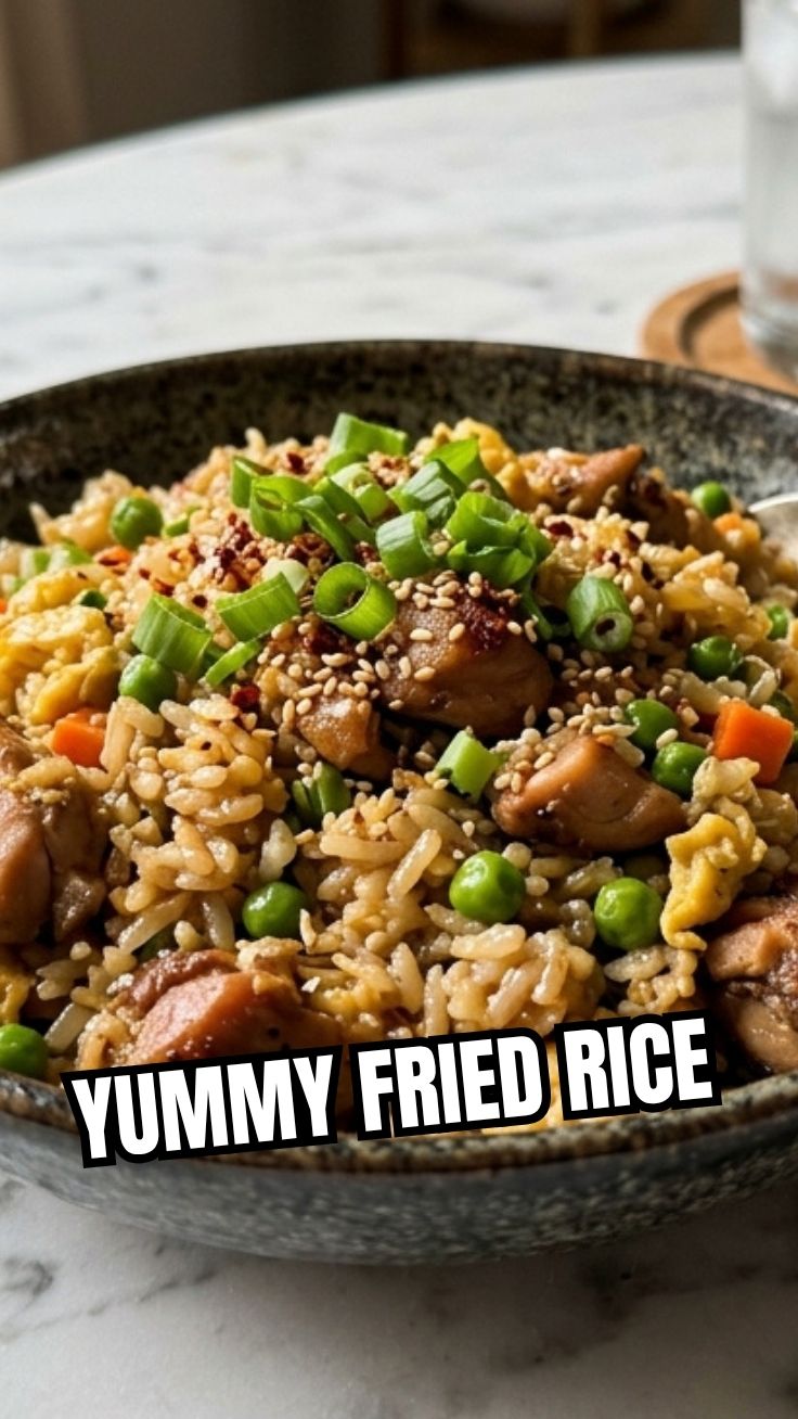 A steaming bowl of chicken fried rice with vegetables and chicken pieces.