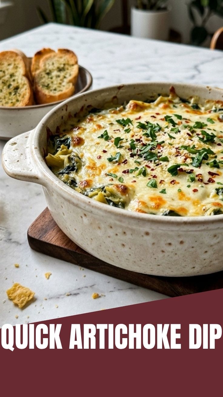 A bubbling hot spinach artichoke dip, freshly baked and golden brown.