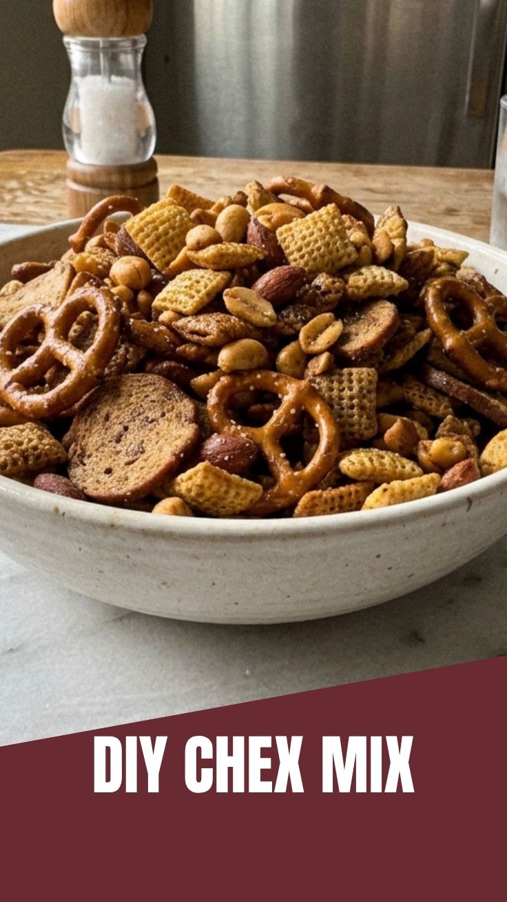 A close-up of a bowl filled with crunchy, savory Chex Mix, featuring various cereals and pretzels.