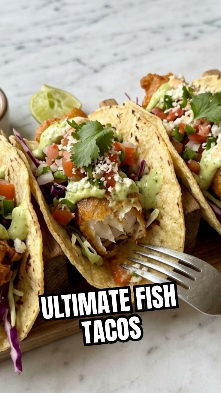 Three fish tacos with various toppings arranged on a platter, showcasing fresh ingredients