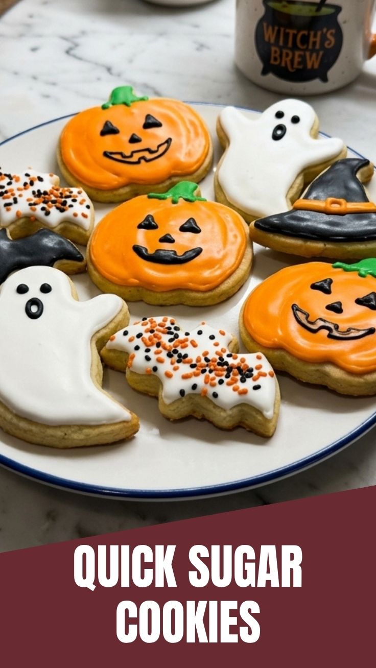 Halloween sugar cookies with orange, black, and white icing in various spooky shapes.