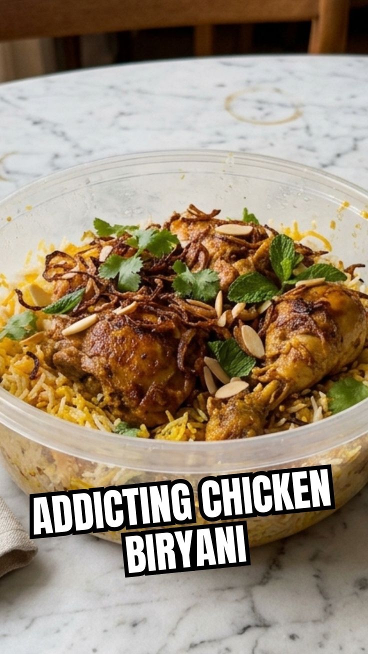 A serving of aromatic chicken biryani with long grain basmati rice and tender chicken pieces.