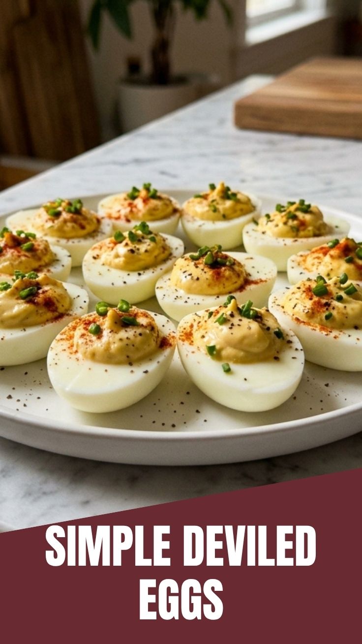 A platter of creamy deviled eggs garnished with paprika and chives.