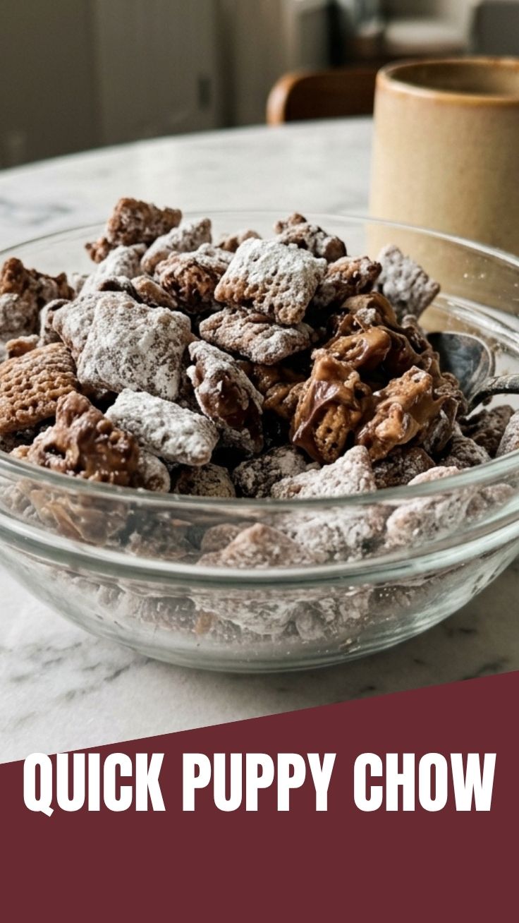 A bowl of delicious Puppy Chow, a popular snack mix made with Chex cereal, peanut butter, chocolate, and powdered sugar.