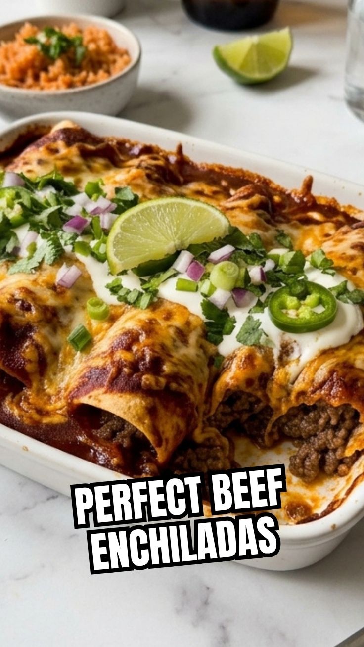 Beef enchiladas bathed in red sauce, topped with melted cheese, and garnished with cilantro