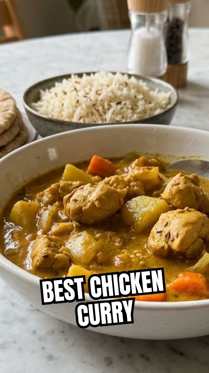 A bowl of rich, savory chicken curry with tender chicken pieces.