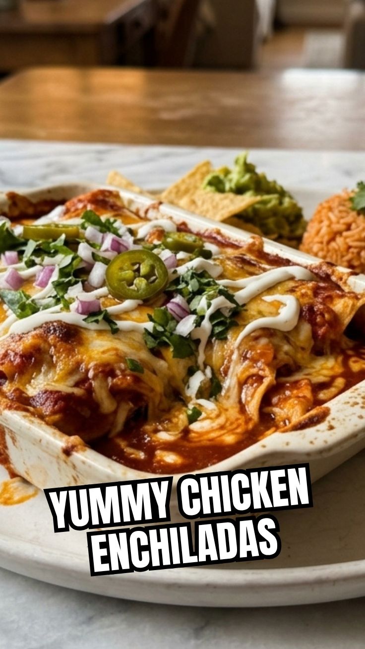 Delicious chicken enchiladas topped with melted cheese and sauce