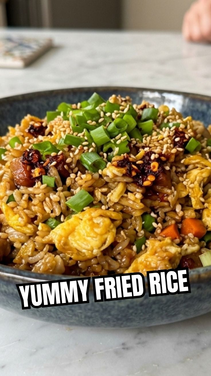 A close-up of a plate of freshly cooked Egg Fried Rice with visible egg pieces and rice grains.