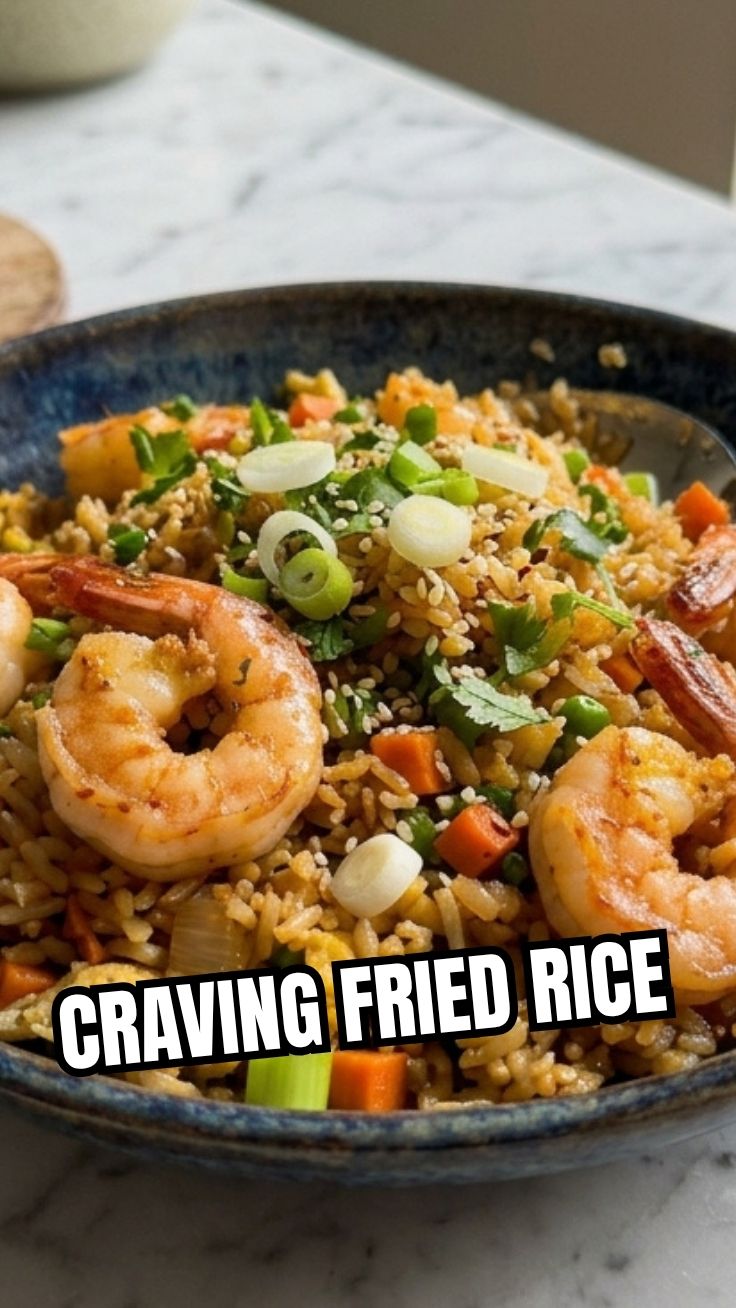A steaming bowl of shrimp fried rice with perfectly cooked shrimp and vibrant vegetables