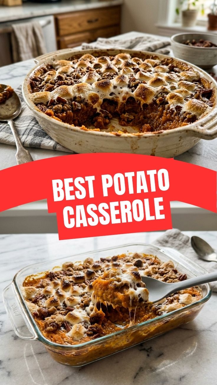 A delicious sweet potato casserole topped with toasted marshmallows, ready to serve