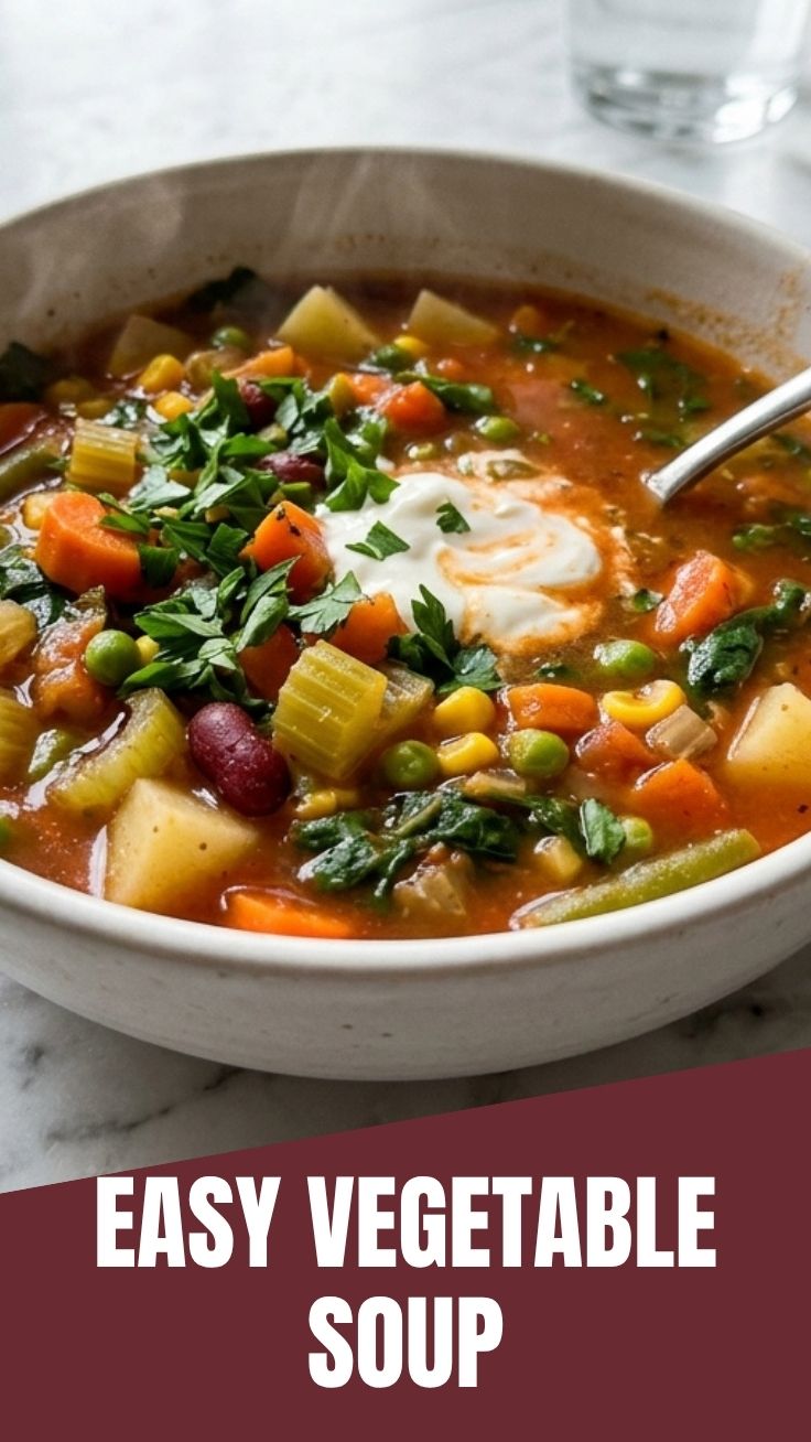 A steaming bowl of hearty vegetable soup, garnished with fresh herbs.