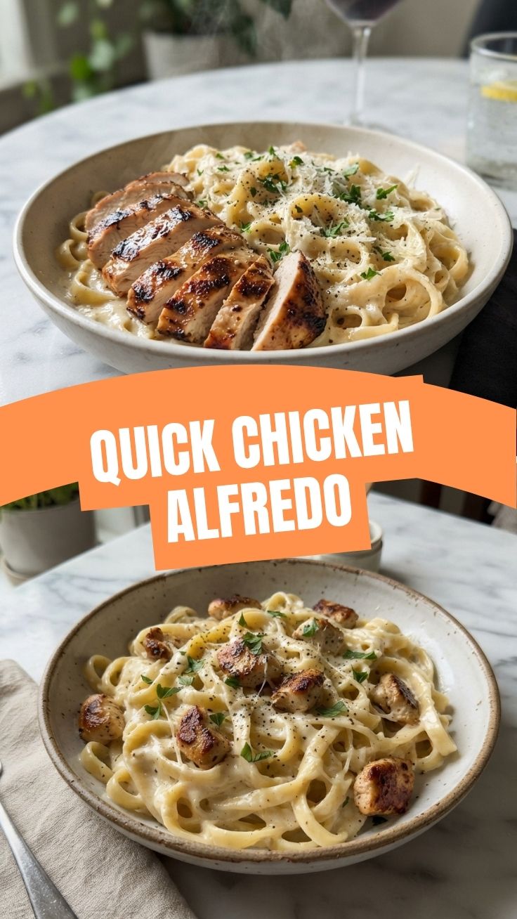 A serving of creamy chicken alfredo pasta with grilled chicken slices and parmesan cheese.
