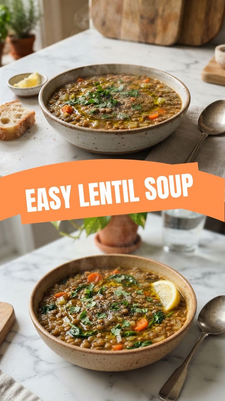 A steaming bowl of hearty lentil soup garnished with fresh herbs.