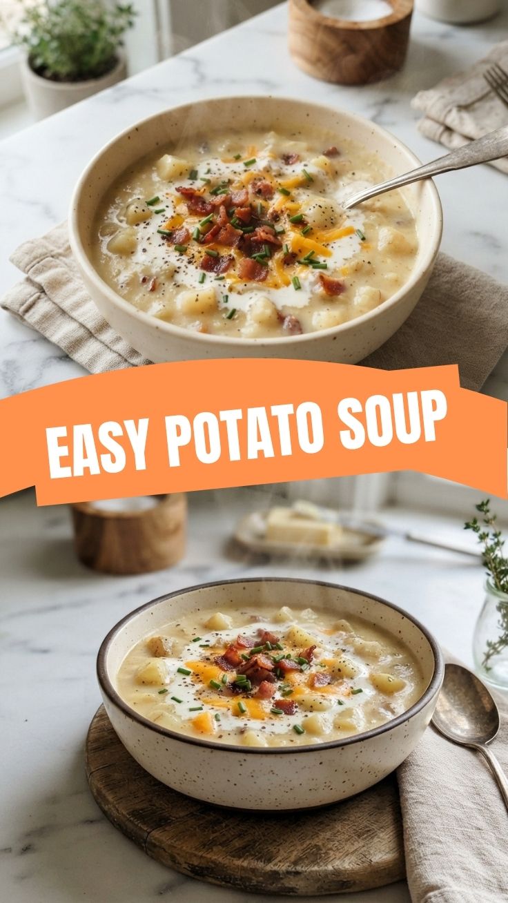 A steaming bowl of hearty potato soup, garnished with chives.