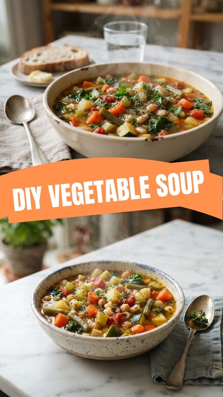A steaming bowl of hearty vegetable soup, rich with fresh ingredients