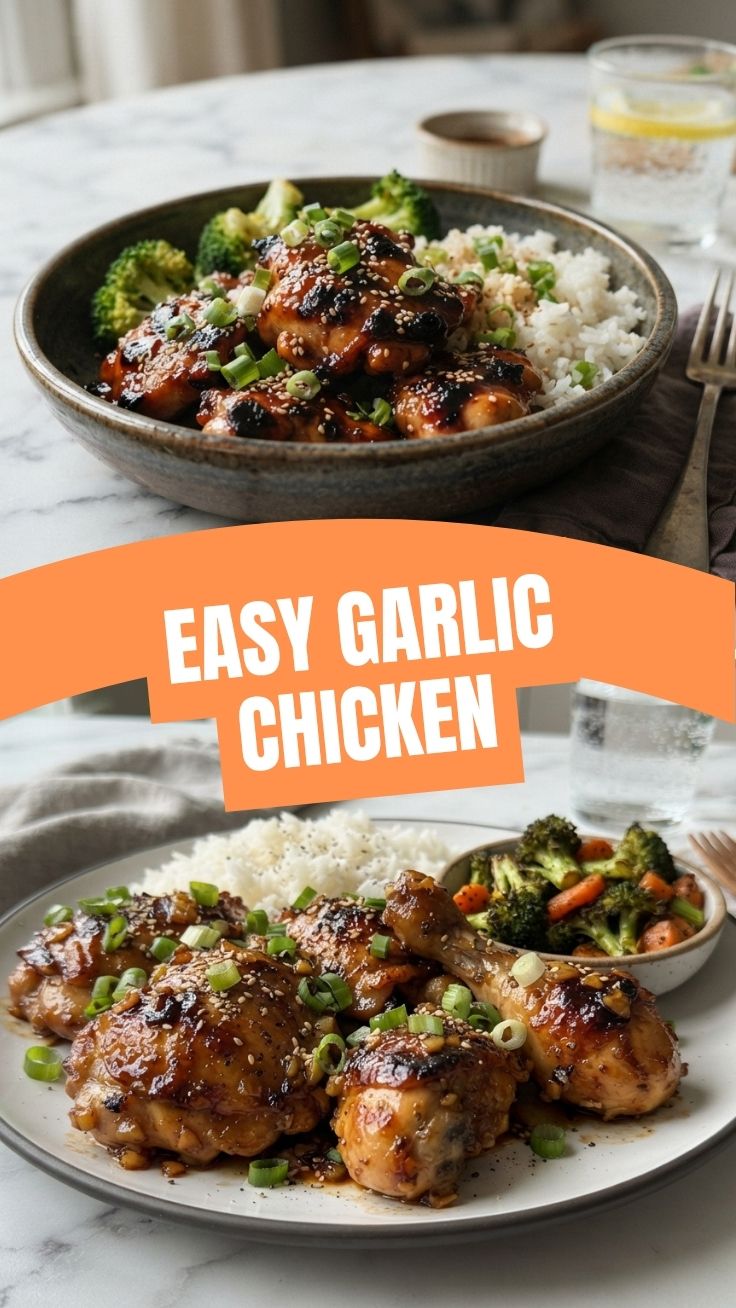 Close-up of succulent honey garlic chicken glazed to perfection, garnished with herbs.